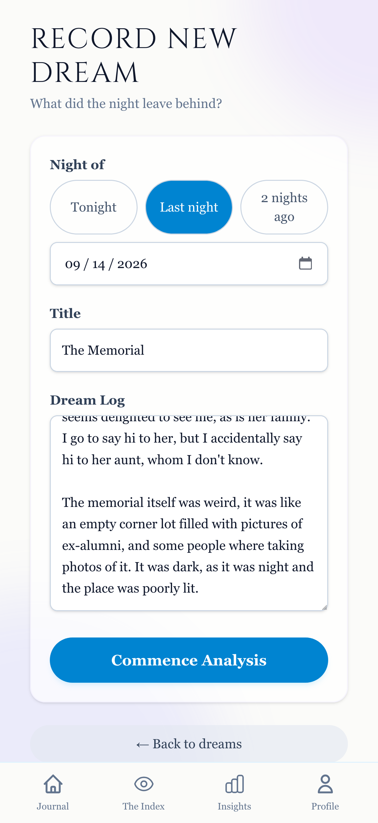Recording a dream in the journal